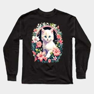 Beautiful white ktiten surrounded by spring flowers Long Sleeve T-Shirt